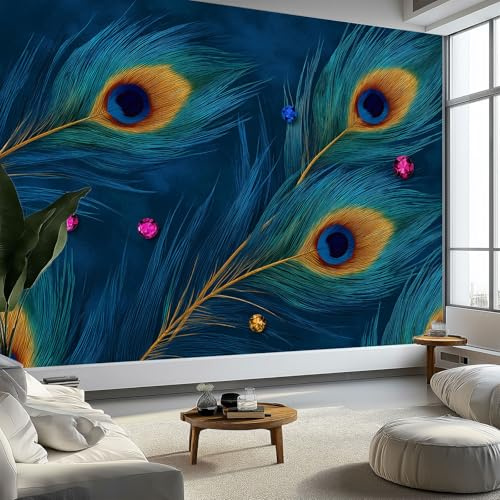 Photo Wallpaper Surreal Peacock Feathers 300 x 210 cm Dark Blue Wall Mural, Non-Woven Fleece Modern Print Murals Wall Art for Bedroom Living Room Home Decor