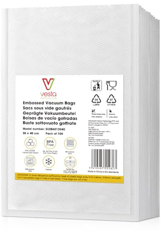 Vesta Precision Vakuumierbeutel mit Prägung zum Kochen und Verpacken | BPA-frei, 30% weniger Kunststoff, mikrowellen-, gefrier- und Sous-Vide-geeignet | 100 Einheiten à 30x40 cm
