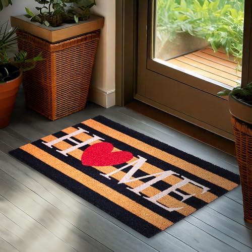 BRUBAKER Fußmatte für Außen und Innen - Home mit Herz - 45 x 75 cm | Schmutzfangmatte aus 100% Kokos - Gestreifter Fußabtreter Wetterfest und rutschfest - Antirutsch Türvorleger für Haustür