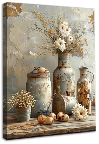 Dazzlewall Gänseblümchen Blumen WandBild, Vintage Rustikaler Botanik Leinwand Bild für Küche Landhausstil Badezimmer Deko 12x16 Zoll Mit Rahmen