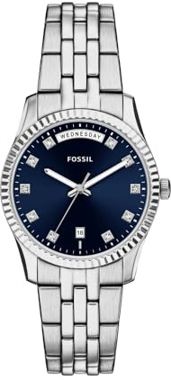 Fossil Scarlette Uhr für Damen, 34-mm Quarz-Dreizeiger-Datum-Uhrwerk mit Edelstahlarmband