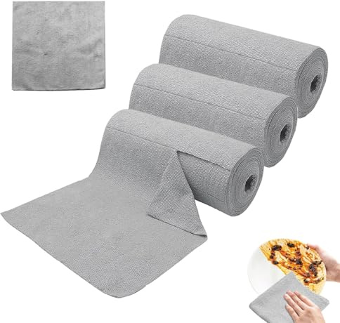 Mikrofaser Reinigungstuchrolle, 60 Stück 30 x 30 cm Rolle Microfaser Putztuch, 3 Rollen mit 20 Blatt Abreißbare Lappen Putztücher, Geeignet für die Reinigung von Küchen, Glas und Fahrzeugen, Hellgrau