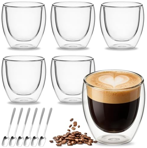 Espressotassen 6er Set Espresso Gläser 80ml Doppelwandiges Kaffeegläser Schwebeeffekt, Thermogläser, Hitzebeständiges Espressotasse Eiskaffee Cappuccino Gläser Mit Löffeln Für Heiß Und Kaltgetränke