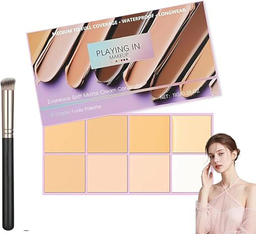 Evanesce Soft Matte Cream Concealer, 8-Farben-Fade-Palette mit Pinsel, wasserfeste, vollständig abdeckende Creme für Hautunreinheiten und Abdeckung, langlebig, leicht, formelsicher (Light Colour)