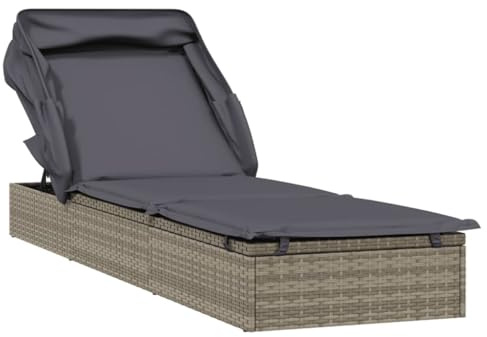 Mhdvray Sonnenliege mit Faltdach Grau 213x63x97 cm Outdoor Liege aus Poly Rattan verstellbare Rückenlehne platzsparend für Garten Balkon Camping