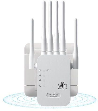 WLAN Verstärker, WLAN Repeater, Internet Verstärker, WiFi Extender, 1200Mbit/s Dualband (5GHz/2.4GHz), Amplificateur WiFi mit 6 Antennen, Deckt bis zu 2150sq.ft, Geeignet für Zuhause und Im Büro