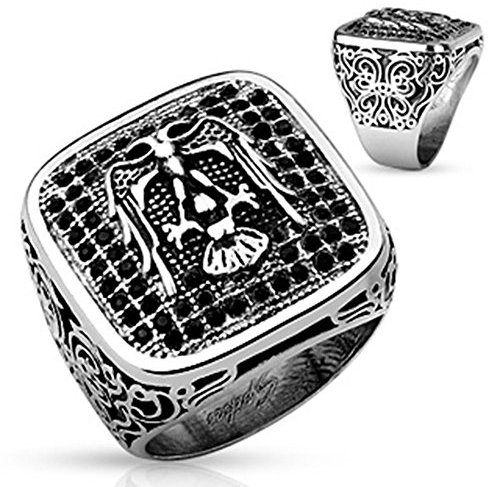 Tapsi´s Coolbodyart® Edelstahl Ring silber 23,3mm breit Biker-Ring Motiv Adler mit Zirkonia schwarz 61 (19,5)