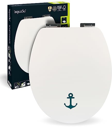 'aquaSu® WC-Sitz mit Absenkautomatik, Maritim Dekor Schiffsanker, Toilettensitz mit Holzkern, Fast Fix Schnellbefestigung, universale O Form, mit Metallscharnieren, Toilettendeckel maritim, 40375 7