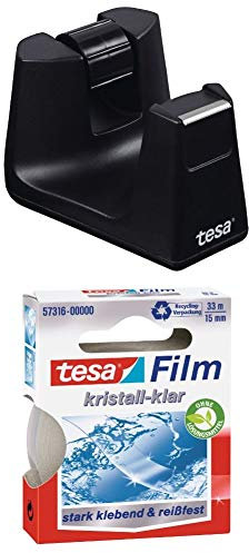 tesa Tischabroller Smart in schwarz mit Anti-Rutsch Boden + 1 Rolle tesafilm kristall-klar 33m x 15mm