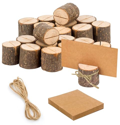 25 Pièces Porte Cartes en Bois Titulaires Stands,Placez la Carte Les Détenteurs avec 5M de Ficelle Porte Noms de Table,Stands en Bois Naturel Support pour Fête D'Anniversaire de Mariage