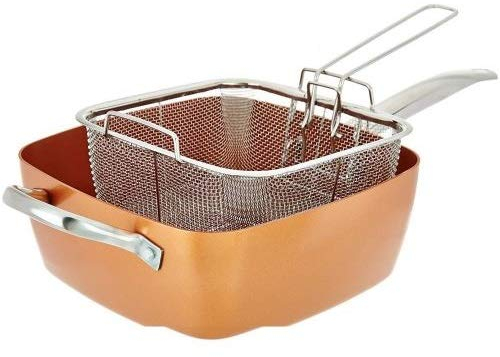 Pentola antiaderente Pentola di rame Pentola quadrata Pentola a induzione Coperchio di vetro Cestello per friggere Cestello per cottura a vapore Set da 4 pezzi 9,5 pollici utilizzato nell'induzione