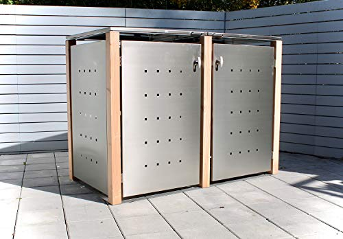 KIRCHBERGER METALL Mülltonnenbox bis 120 Liter Edelstahl Holzpfosten 2er Box abschließbarer Griff Lärche (Flachdach)