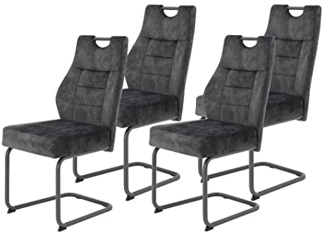 Hela Tische, 4er Set Esszimmerstuhl Schwingstuhl Linda, Mikrofaser Anthrazit, Rundrohgestell grau, Komfortsitz Federkorb, 140kg belastbar
