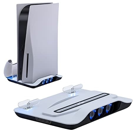 Mcbazel Station de Recharge Verticale pour Console PS5, Support de Refroidissement Multifonctionnel à Lumière Bleue et LED,Recharge pour Manettes de Jeux pour Console PS5 - Blanc(Pas pour PS5 Slim)