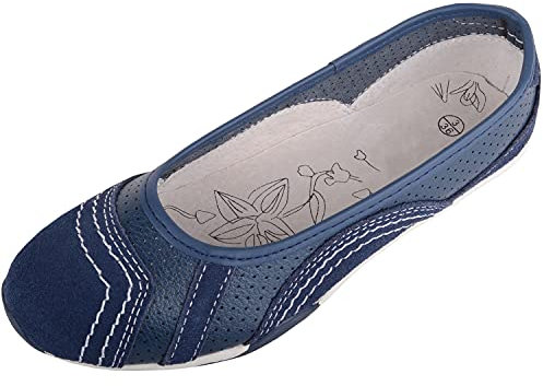 Womens Genuine Leather Slip On Casual Ballerina Style Pump Dolly Shoes - Navy - UK 6 / EU 39