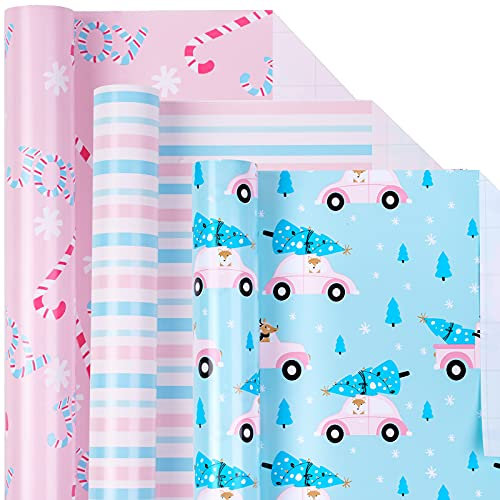 Holijolly Rouleau De Papier De Noël - Maison Et Arbre En Bois/Lettrage Joy / Motif À Rayures Roses Et Bleues Pour Papier D'Emballage, Artisanat -43 X 305Cm X 3 Rouleaux