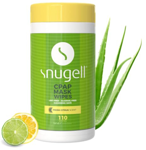 Snugell Citrus Scented CPAP Mask Wipes – 110 Count – 100% Soft Cotton, Lint-Free, Alcohol-Free – Skin-Safe Formula with Aloe Vera – Easy-Open Canister for Cleaning CPAP Masks, Tubes, and Devices