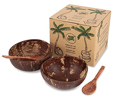 BIOZOYG Set de 2 Bols en Noix de Coco Avec Cuillères I Normal I 450-550ml I 100% Fait à la Main I Réutilisable I Biodégradable I Coquille Polie à l'Huile