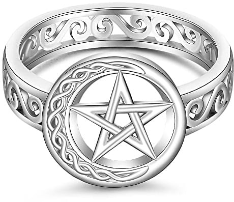 Talonior Pentagramm-Pentakelring für Damen, keltischer Knoten, Halbmond, Hexe, Wicca, heidnische Ringe, Sterlingsilber, Schutzamulett, Stern, Pentagramm, Schmuckanhänger, 7, Metall, Zirkonia