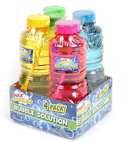 Sunny Days Entertainment Maxx Bubbles 16oz Bubble Solution - 4 Bottles, Pink, Yellow, Green, Blue, Small (101795)
