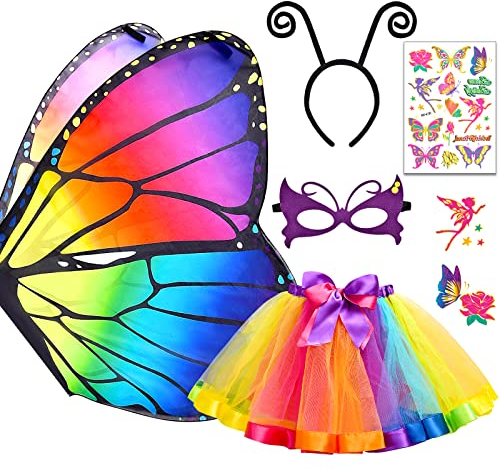 Tacobear Kids Butterfly Costume for Girls with Butterfly Wings Tutu Skirt Headband Mask Tattoos Butterfly Dress Up Cosplay Set Carnival Halloween Costume (Colorful)
