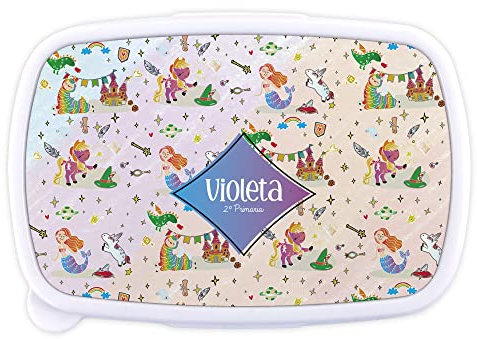 LolaPix Lunchbox. Fiambrera Infantil Personalizada. Caja merienda con Nombre y Curso. Apta para microondas y Libre de BPA, filatos y Metales Pesados. Varios diseños.Mundo Fantasía