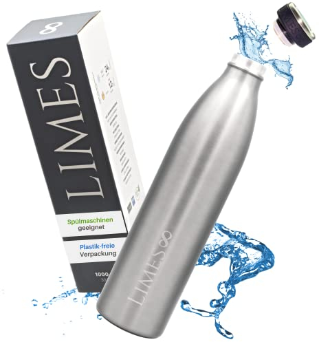 Limes 8® Bouteille Thermos en acier inoxydable 1L - Bouteille d’eau isolée, étanche, à double paroi isolante, adaptée aux boissons gazeuses pour le sport, travail et voyages (Acier Inoxydable 1000 ml)