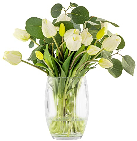 TREND FOR HOME Blumenvase Glas H. 19,8 cm Glasvase geriffelt für Tulpen rund Blumenvase für Tulpen Vase transparent Vase bauchig | ⌀ 14 cm | Lyra Leuchtend