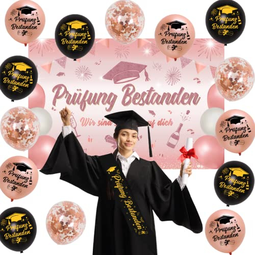 Fangleland Prüfung Bestanden Deko Abschlussfeier Party Dekoration Prüfung Bestanden Rose Gold Ballon Banner Schärpe Konfetti Luftballon für Abi Deko 2025 Graduation Deko Abschluss Deko Set