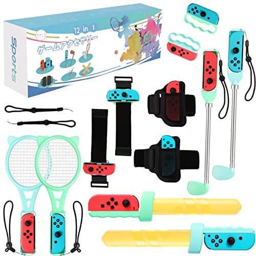 OLDZHU 12 in 1 Switch Sport Spiel Zubehör,2023 Switch-Zubehörpaket kompatibel mit Nintendo Switch Enthält Einziehbarer Golfschläger,Tennisschläger,Boxgriff,Beingurte,Schwertkampfgriffe (Cyan+Hellblau)