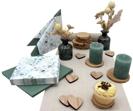 Tischdeko Hochzeit Salbei Eukalyptus Holz Natur Herz Vase Kerze Set 20 Personen