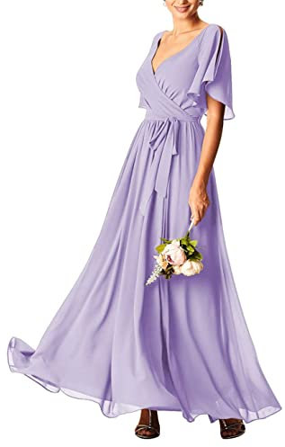 KURFACE Vestidos de dama de honor de boda para mujer, manga corta, vestidos largos de gasa con bolsillos, Lila, 36