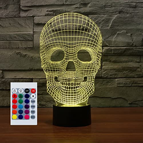 SUPERHONGJIHAO Totenkopf 3D Nachtlicht Kinder Nachttischlampe 16 Farben ändern mit Fernbedienung für Kind