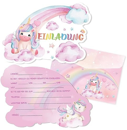PEFOLOC 12er Einhorn Einladungskarten Kindergeburtstag,Geburtstag Einladungskarten mit Umschlägen und Aufkleber,Geburtstag Party Einladung,für Mädchen und Jungen Geburtstagsfeier,Kinderparty