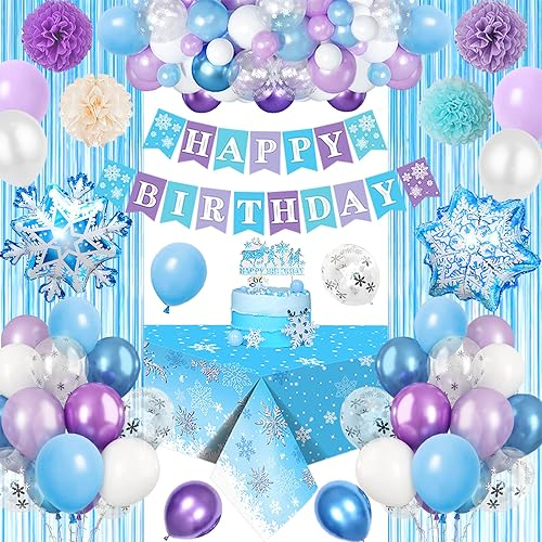 Frozen Geburtstagdeko Mädchen,Blau Lila Geburtstag Deko mit Geburtstag Banner Cake Topper Tischdecke Pompom Folie 3D Snowflake Luftballons für Kindergeburtstag Deko 3 4 5 6 Jahre