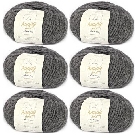 Alpaka Wolle stricken -6x Happy Wool alpaca mix schiefergrau (Fb 56)- 6 Knäuel Wolle grau + GRATIS Label; Wolle mit Alpaka; 50g/80m; Nadelstärke 7-8mm; Mischwolle zum Stricken und Häkeln