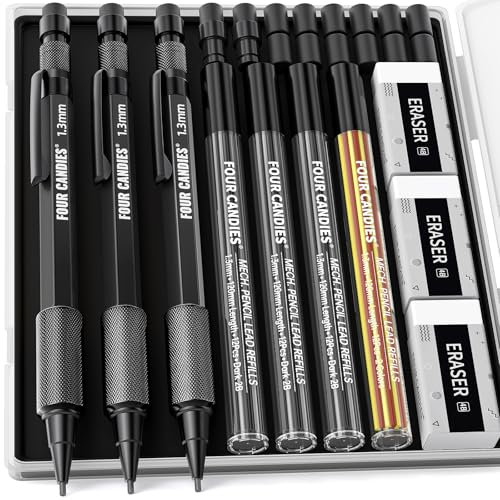 Four Candies Lot de 3 porte-mines de 1,3 mm avec 72 mines, corps en métal résistant aux intempéries, 3 gommes, 16 recharges de gommes, pour le travail du bois en plein air, le dessin et le marquage