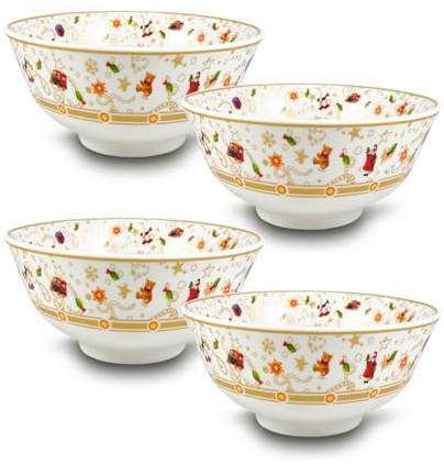 ARCA, Set di 4 Ciotole in Porcellana, per 4 Persone, con Decorazione Natalizia Albero di Natale e Bordo Oro, Resistenti e Durature, Ideali per la Tavola, Idea Regalo di Natale, 16x8 cm
