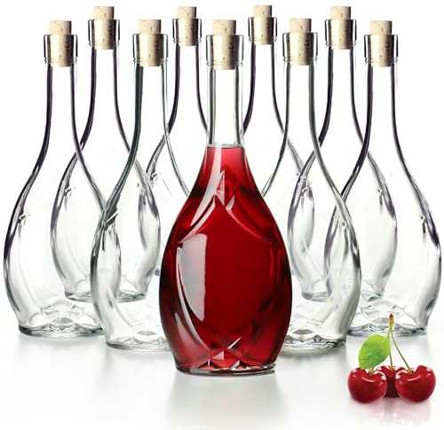 KADAX Lot de 9 bouteilles en verre avec bouchon en liège hermétique, motif raisin, bouteille d'huile, vinaigre, récipient en verre pour liqueur de fruits, bouteille de vin vide (500 ml)