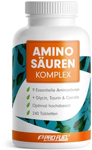 Aminosäuren Komplex hochdosiert - 240 Tabletten - 6.000 mg Aminosäuren pro Tag - 9 essentielle Aminosäuren + 3 Co-Faktoren: Taurin, Carnitin & Glycin - laborgeprüft mit Zertifikat - 100% vegan