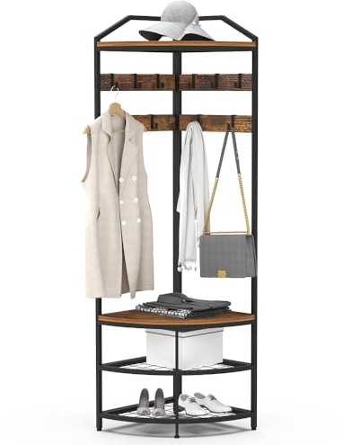 VEDECASA Porte-manteau à 3 étagères en métal marron avec 12 crochets mobiles, banc à chaussures, pour couloir, salon, chambre à coucher, bureau