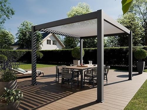 Direct ABRIS Pergola Bioclimatique Aluminium Autoportee 12m² - 3x4m - Gris - Lames Orientables de 0 à 120° - Eclipse