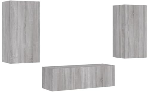vidaXL TV Wohnwand 3-TLG., Wandschrank mit viel Stauraum, Fernsehschrank Schrank mit LED-Leuchten, Wandmontage TV Einheit Möbel Wohnzimmer Set, Grau Sonoma