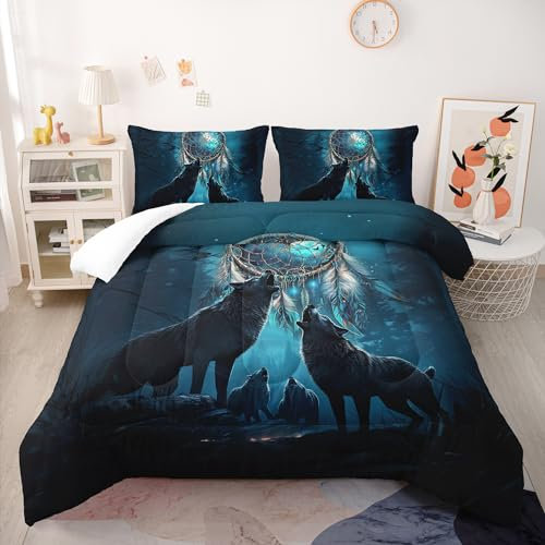 Nttopship Dreamcatcher Wolf Bettdecken-Set Queen-Size-Größe für Kinder, Jugendliche und Erwachsene, Mondschein, Wald, Wolf, bedrucktes Bettwäsche-Set für Schlafzimmer, weiche Mikrofaser,