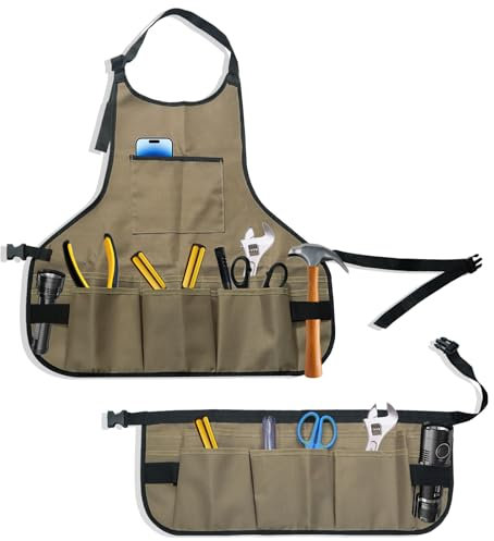 Realand 14 Pockets Tool Apron + 13 Pockets Waist Tool Belt, Durable Oxford Work Apron Vest for Carpenter Garden Woodworker Shop, Woodworking Aprons for Men Women, Khaki