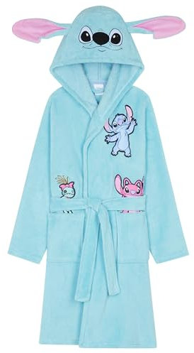 Disney Stitch Robe de Chambre Fille, Peignoir de Bain Enfant avec Capuche et Ceinture - Cadeau Ado et Fille (Bleu, 11-12 Ans)