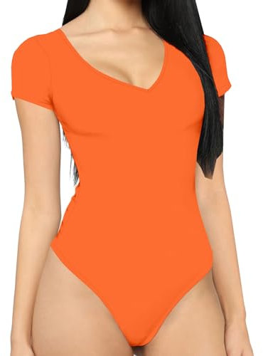 MANGDIUP bodysuit for women Short Sleeve V-Neck Casual Stretchy Basic T Shirt Bodysuit, Orange Red, Small