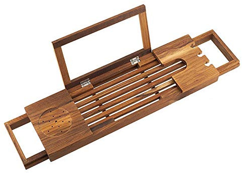 Badewannen-Caddy, Badewannenablage, Badewannenablage aus Teakholz, Teleskop-Badewannenablage aus massivem Holz, rutschfeste Badewannenablage, Badewannenbrücke