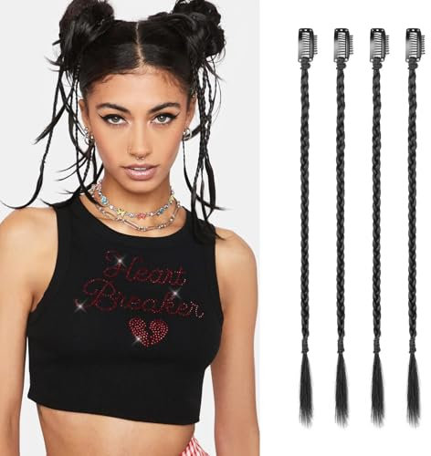 Flufymooz 4PC Braid in Haarverlängerung 35 cm Clip in Braid Extensions für Frauen Synthetische Haarteile für den täglichen Gebrauch Party-Styling (Natürliches Schwarz)