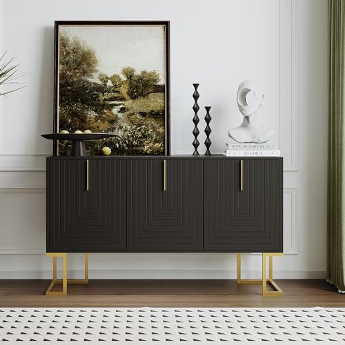 Aparador moderno de 3 puertas con estantes ajustables, puertas de armario en forma de U y tiradores de metal y base para comedor y cocina (negro)